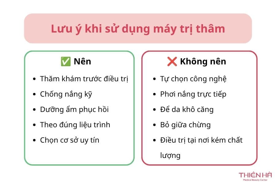 Việc tuân thủ các lưu ý trên sẽ giúp bạn đạt hiệu quả cao nhất khi sử dụng máy trị thâm, đồng thời giữ cho làn da khỏe mạnh, sáng mịn lâu dài