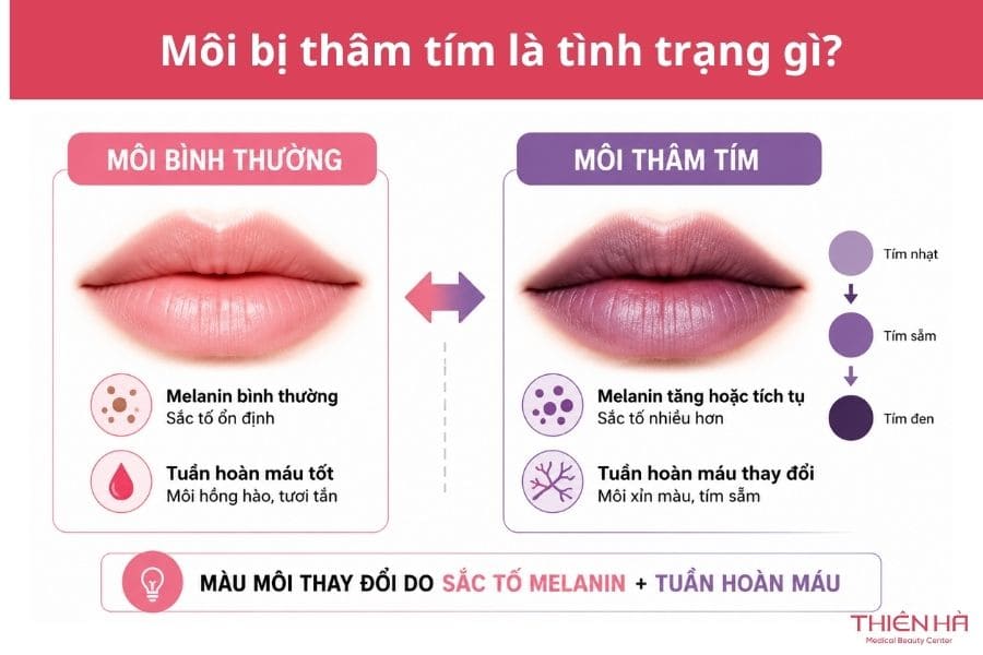 Môi bị thâm tím: Vì sao xảy ra và làm sao để cải thiện? 1 Môi bị thâm tím là tình trạng màu môi chuyển từ hồng tự nhiên sang tím nhạt, tím sẫm hoặc tím đen
