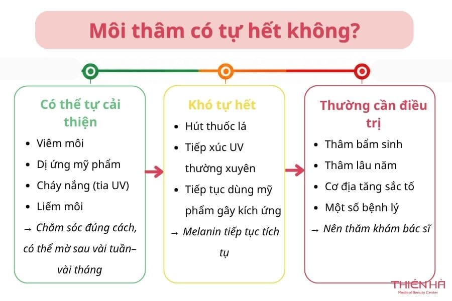 Môi thâm có thể tự hết nếu chăm sóc đúng cách ở trường hợp thâm nhẹ nhưng nếu thâm từ trung bình đến nặng cần xem xét can thiệp thẩm mỹ