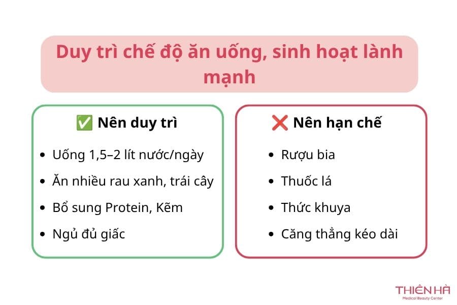 Quá trình phục hồi của da sau peel trị thâm không chỉ phụ thuộc vào sản phẩm chăm sóc mà còn chịu ảnh hưởng bởi chế độ dinh dưỡng và lối sống hằng ngày