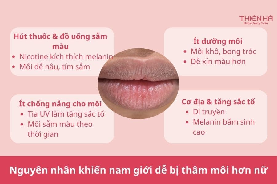 Thâm môi ở nam giới thường là kết quả của nhiều yếu tố kết hợp, không chỉ do hút thuốc
