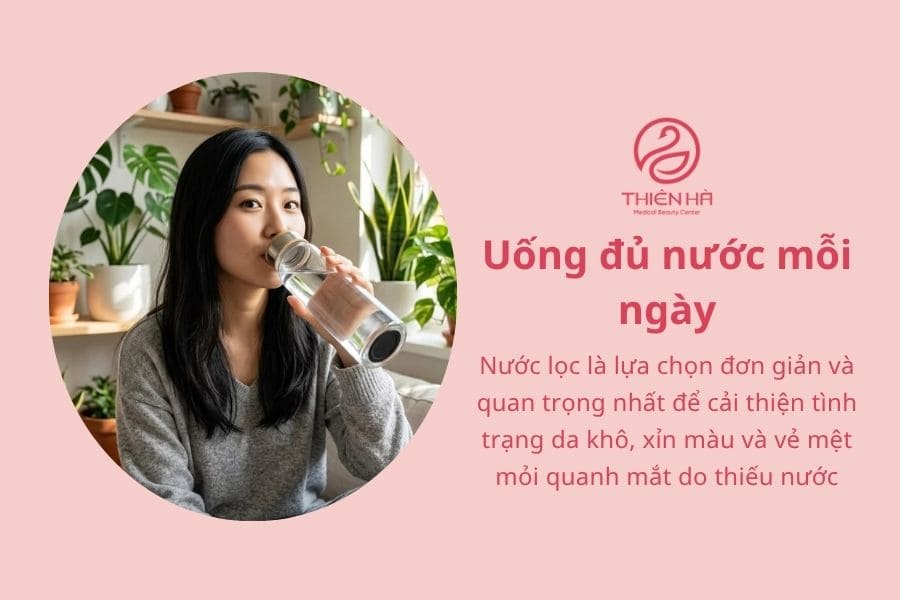 Uống gì để trị thâm quầng mắt? Gợi ý từ bác sĩ da liễu 3 Uống đủ nước giúp duy trì độ ẩm cho da, hạn chế vẻ khô xỉn và mệt mỏi quanh mắt giúp quầng thâm do thiếu nước trông bớt rõ hơn