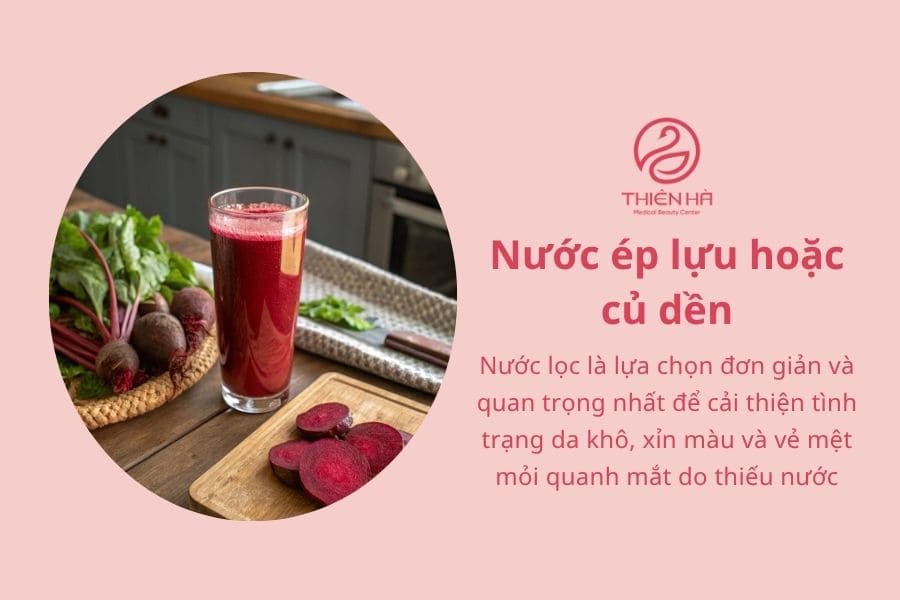 Uống gì để trị thâm quầng mắt? Gợi ý từ bác sĩ da liễu 4 UUống gì để trị thâm quầng mắt: Nước ép lựu hoặc củ dền bổ sung vitamin C và chất chống oxy hóa, hỗ trợ sức khỏe tuần hoàn và làn da, từ đó góp phần hạn chế quầng thâm trở nên rõ hơn