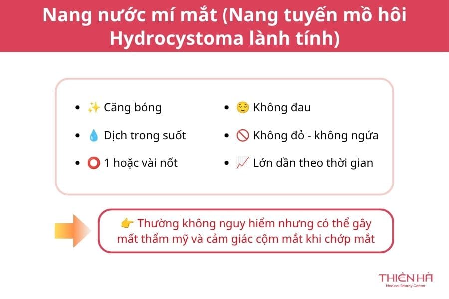 Mí mắt nổi mụn nước: Nguyên nhân thường gặp và cách xử lý đúng 5 Mụn nước ở mí mắt là nang nước mí mắt (Nang tuyến mồ hôi Hydrocystoma lành tính)