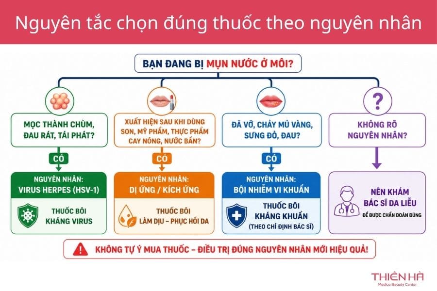 Nổi mụn nước ở môi bôi thuốc gì? Cách chọn thuốc đúng 1 Nguyên tắc chọn thuốc bôi theo đúng nguyên nhân gây ra mụn nước ở môi