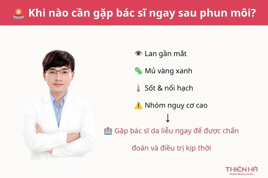 Phun môi bị mụn nước phải làm sao? Hướng dẫn xử lý an toàn 14 Khi nào cần gặp bác sĩ ngay? Khi mụn nước sau phun môi xuất hiện các dấu hiệu nguy hiểm