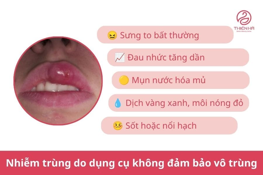 Phun môi bị mụn nước phải làm sao? Hướng dẫn xử lý an toàn 6 Sau xăm môi bị mụn nước do nhiễm trùng khi dụng cụ không đảm bảo vô trùng