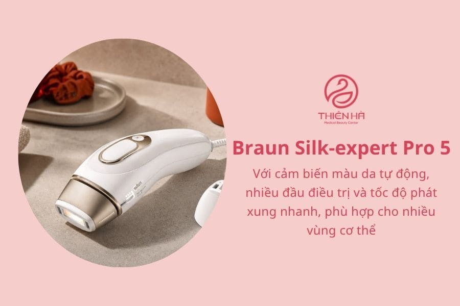 Braun Silk-expert Pro 5 là máy triệt lông vĩnh viễn phù hợp với người muốn triệt nhiều vùng cơ thể và ưu tiên máy có cảm biến màu da tự động