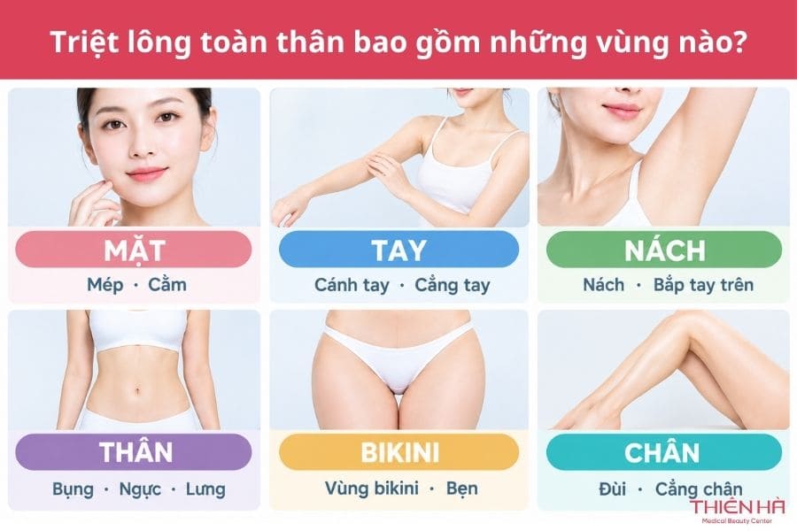 Triệt lông toàn thân là gì? Có nên thực hiện không? 2 Triệt lông toàn thân bao gồm những vùng nào?